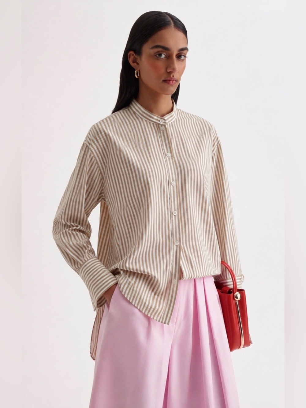 Scanlan Theodore 100% Cotton Vertical Striped Beige White Shirt Blouse Size 4